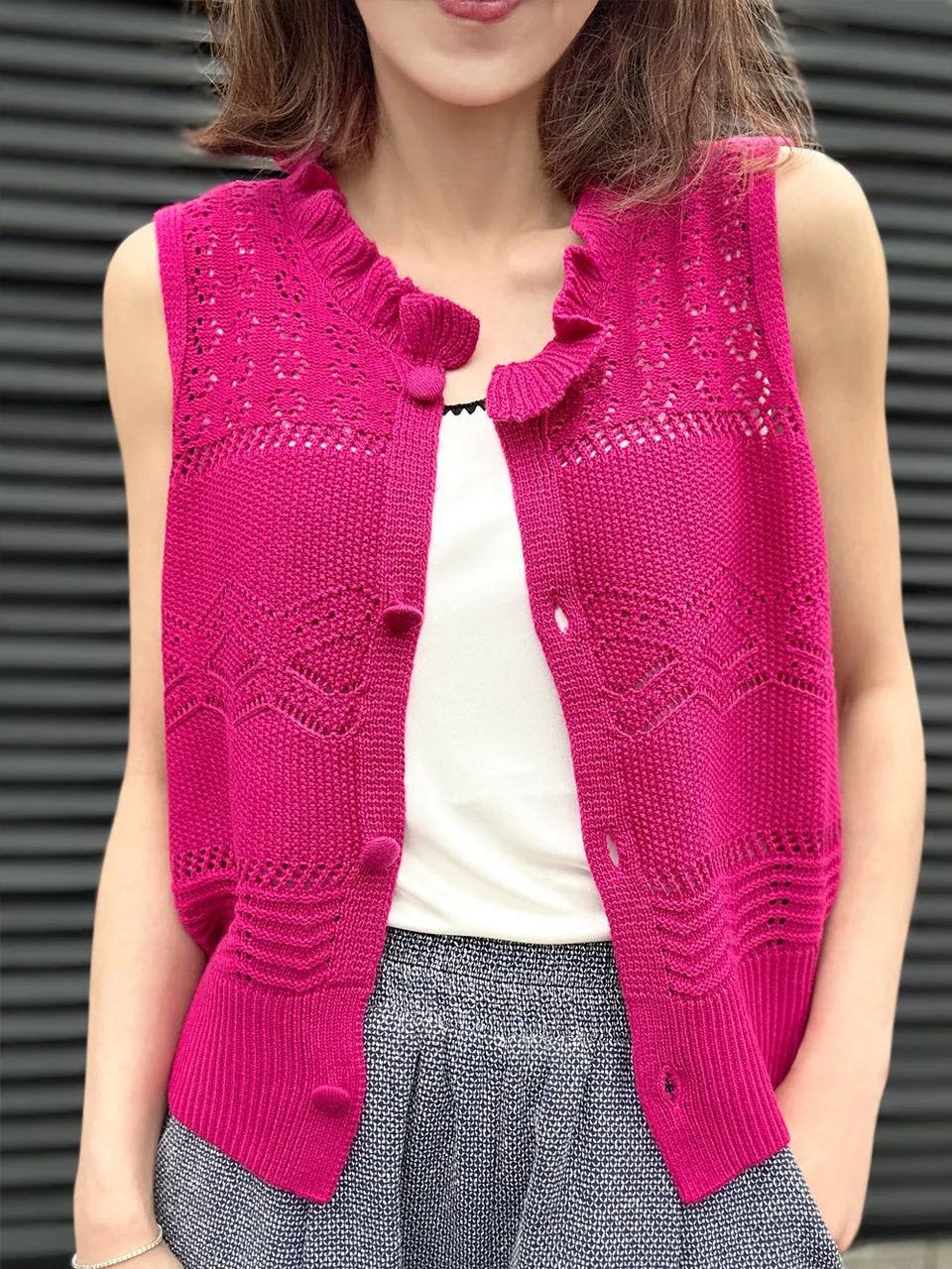 Hot Pink Ruffle Collar Pattern-stitched Button Front Vest